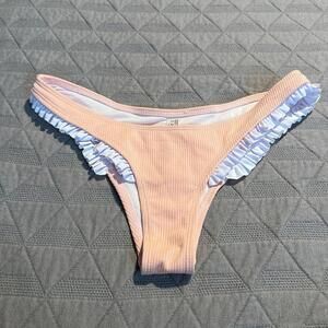 Peach Ribbed‎ Bikini Bottoms White Ruffle Trim High Cut Cheeky Beach Swimwear